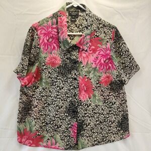 Virgo Floral Print‎ Button Down Short Sleeve Top Blouse Black Pink Size 18
